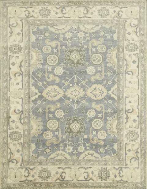 Sophisticated Vintage-Inspired Blue and Cream Oushak Hand-Knotted Rug 8'x10'