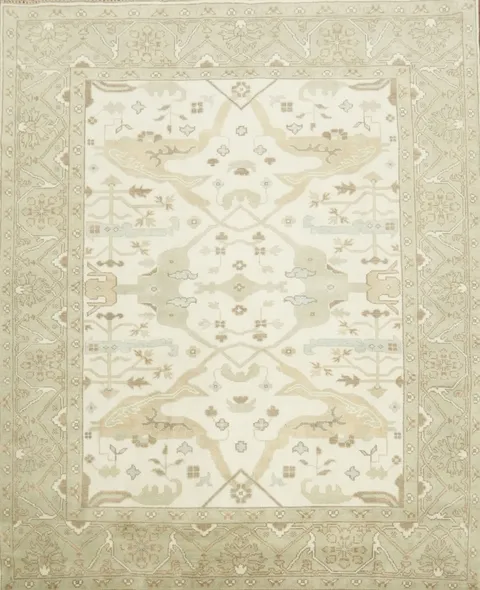 8'x10' White and Sage Green Turkish-Style Rug in Subtle Earthy Hues