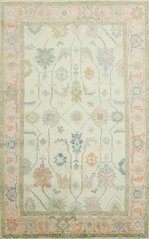 Vintage Pastel Mint Green 6'x9' Floral Oushak Area Rug with Elegant Ornate Design