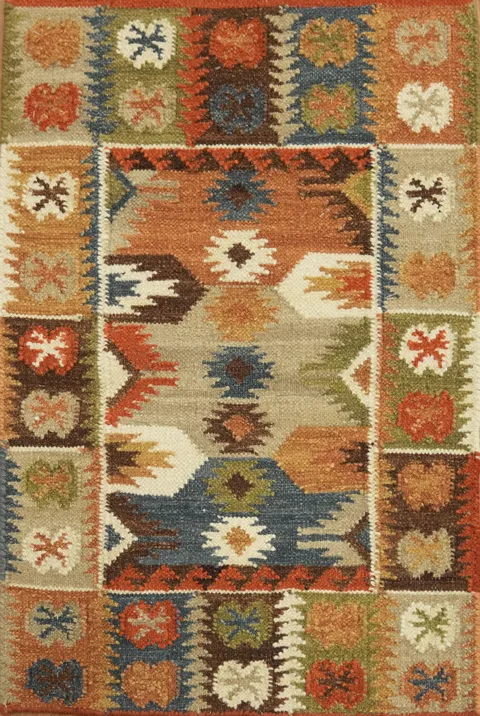 Hand-Woven Wool Kilim Rug 2x3 – Multi-Color Geometric Tribal Oriental Rug
