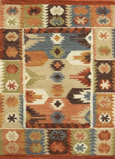 Hand-Woven Wool Kilim Rug 2x3 – Multi-Color Geometric Tribal Oriental Rug