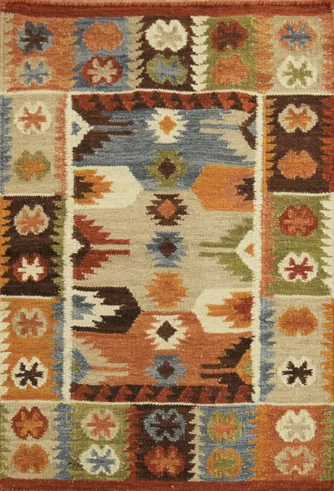 2x3 Multicolored Tribal flat-Weave Kilim Rug with Abstract Shapes Pattern