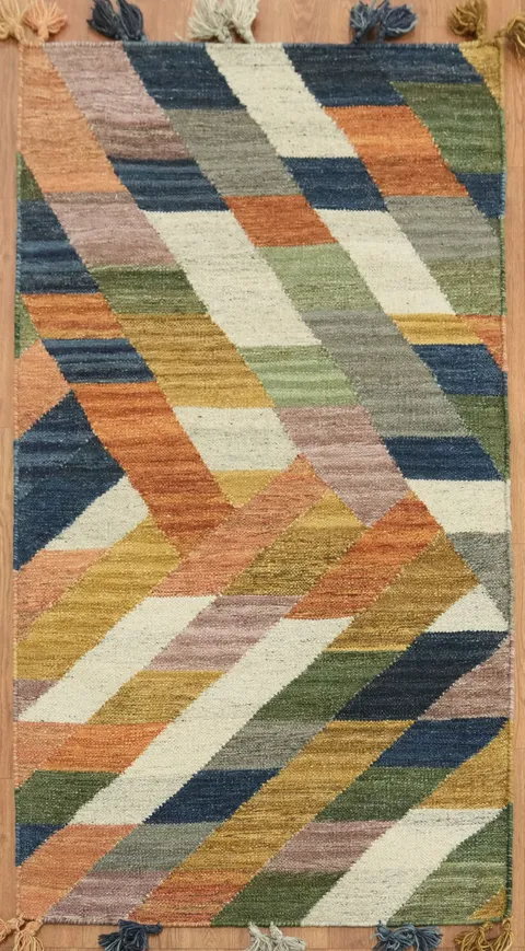 Hand Woven Geometric Kilim Oriental Rug 3x5 Tribal Wool Rug