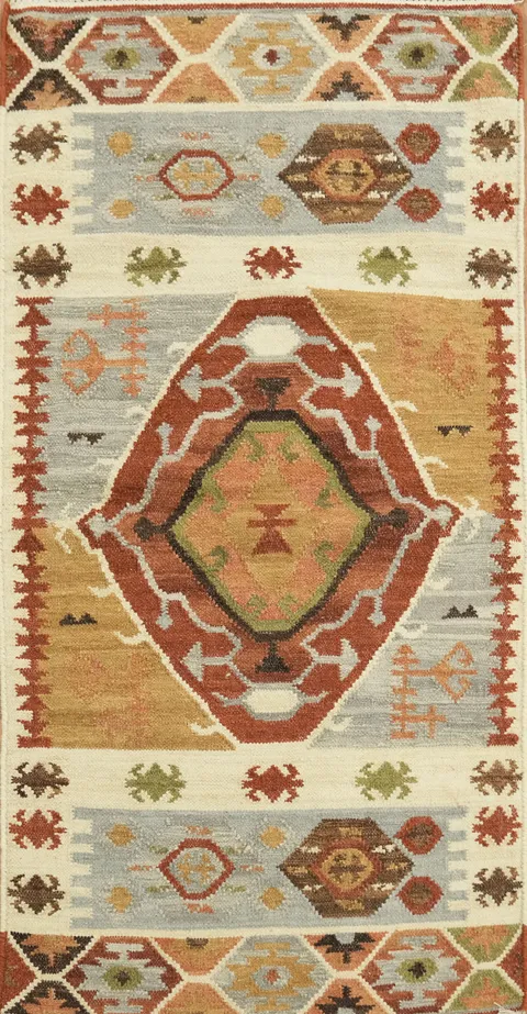 3'x5' Vintage-Inspired Multicolor Tribal Design Kilim Flat-Woven Accent Rug