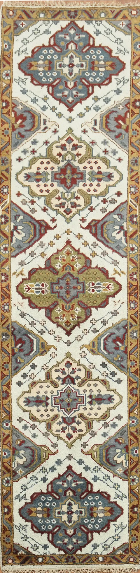 Traditional Ivory and Blue Runner with Rich Geometric Motifs 10' 2'' X 2' 6''