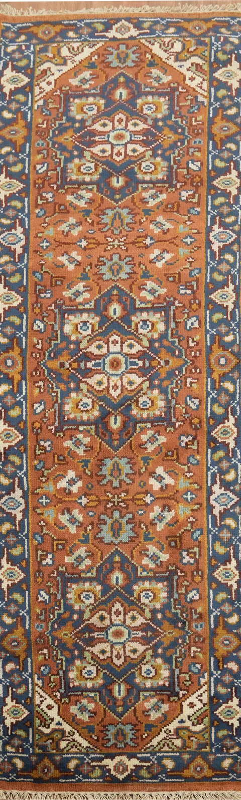 Traditional Orange and Blue Rug with Intricate Floral Design 2'x8'