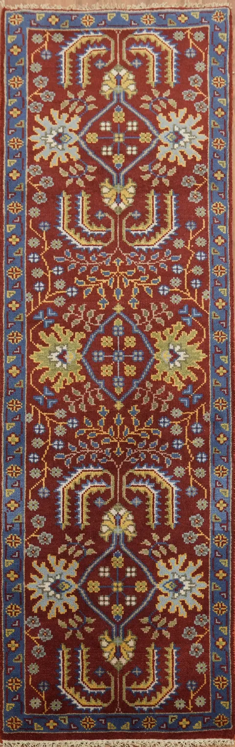 Crimson Red Runner with Blue Trim Detailing 7' 11'' X 2' 6''