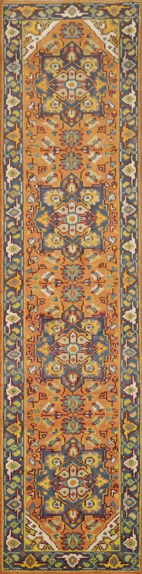 Vibrant Orange and Blue Traditional Heriz-Serapi Runner Rug 10' 1'' X 2' 6''