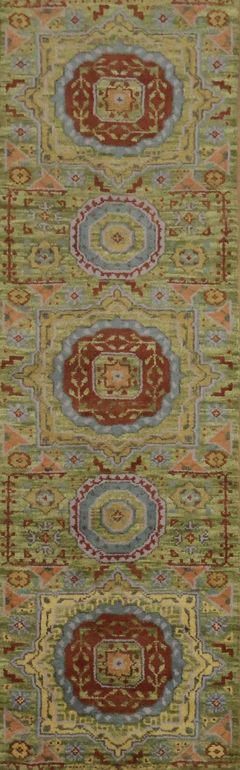 Traditional Green Runner Rug with Intricate Multi-Color Patterns 8' 0'' X 2' 6''