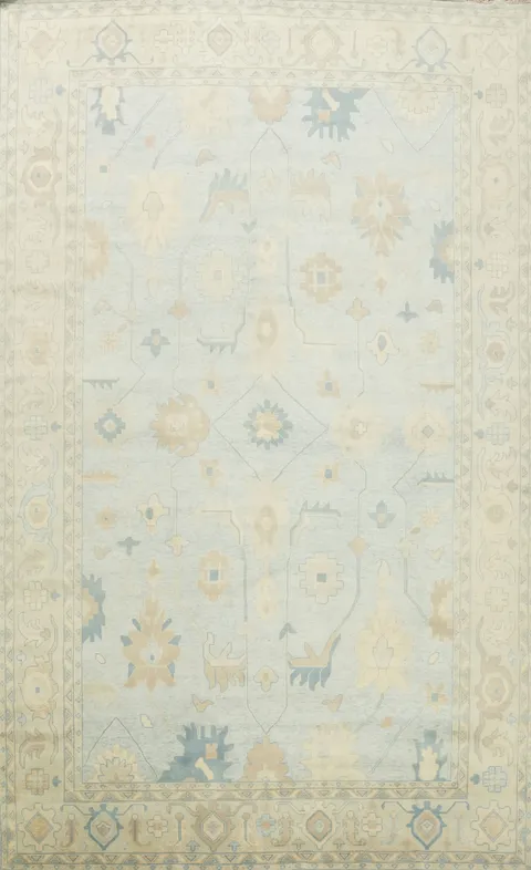 Muted Blue and Green Border Hand-Knotted 13' x 21' Oushak Wool Rug | Large Traditional
