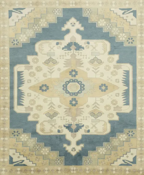Elegant Geometric Turkish Inspired Oushak Rug in Soft Blue and Cream Tones 8x10
