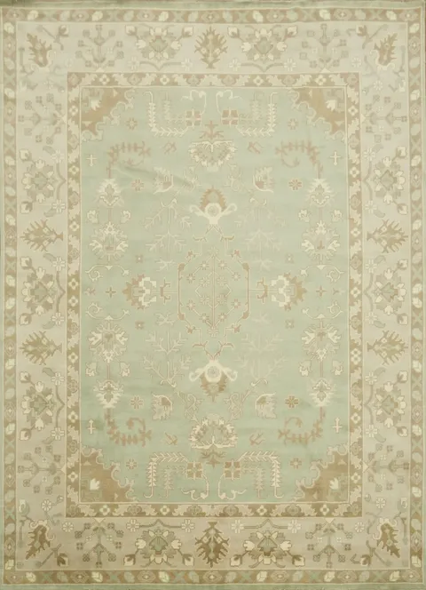 Hand-Knotted 10x14 Traditional Oushak Wool Rug - Mint Green