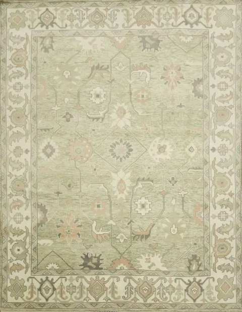 Muted Pastel Sage Green Oushak Rug Hand-Knotted Wool 9'x12'