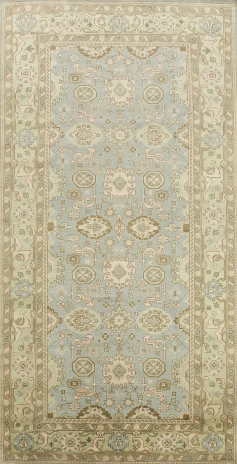 Traditional Oushak 10x20 Hand-Knotted Wool Rug | Blue/Green