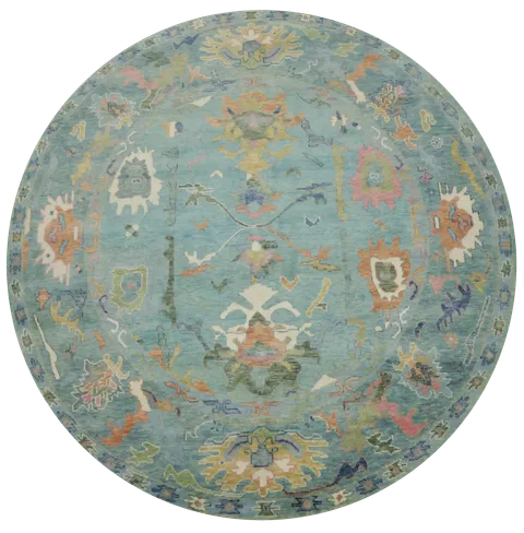 Charming 10 ft Oushak Hand-Knotted Round Rug  Unique Patterns in Blue and Pastels