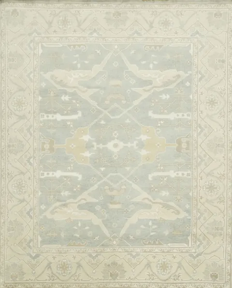Luxurious Soft Tones Light Blue Oushak Rug with Sage Green Border 8x10
