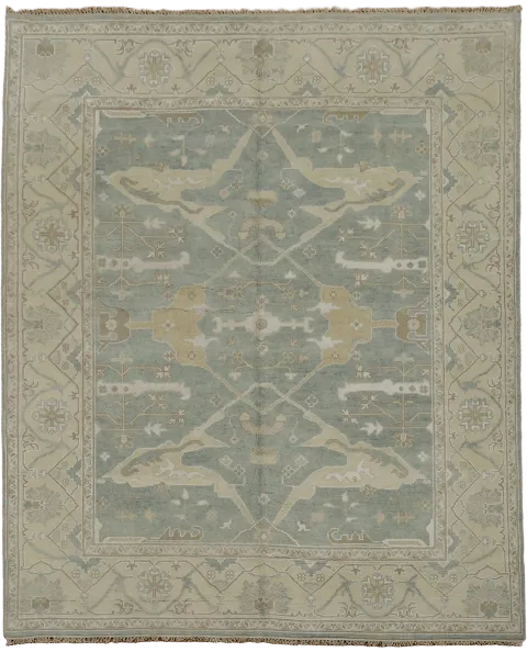 Luxurious Soft Tones Light Blue Oushak Rug with Sage Green Border 8x10