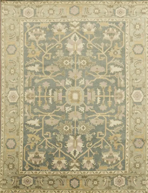 Classic Blue and Green Oushak Hand-Knotted Wool Rug 9x12 ft