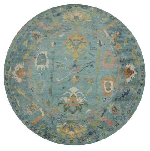 10 ft Round Azure Garden Oushak Wool Rug with Subtle Floral Patterns