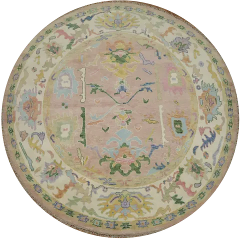 Round Pastel Pink Oushak Rug with Delicate Floral Patterns for Classic Décor 10x10 ft
