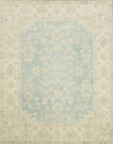 9'x12' Traditional Muted Tone Blue Oushak Hand-Knotted Living Room Rug