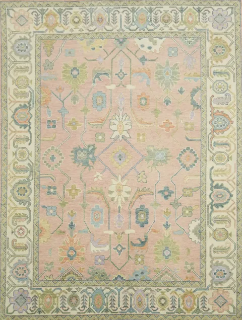 9'x12' Pastel-Toned Pink Oushak Traditional Hand-Knotted Wool Large Rug