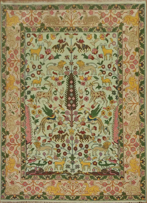 Mint Green Hunting Design Animal Pictorial Hand-Knotted Rug 9x12