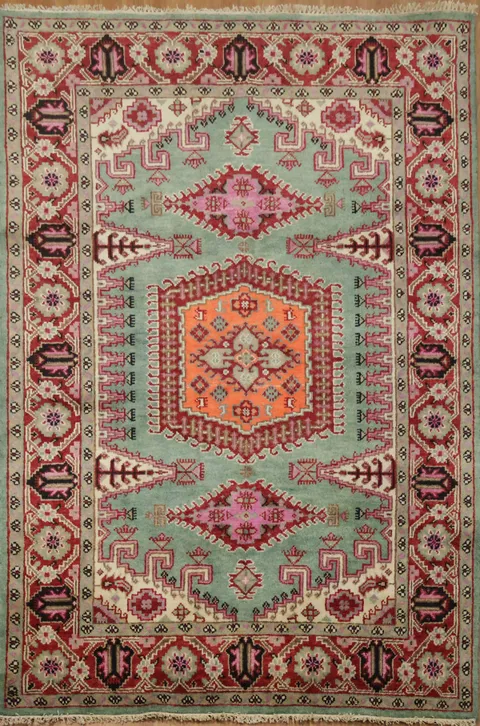 Elegant Turquoise and Coral Viss Indian Area Rug 6'x9'