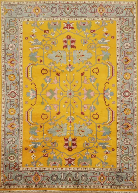 Rich Yellow Turkish-Style Rug Features Elegant Floral Patterns 9x12