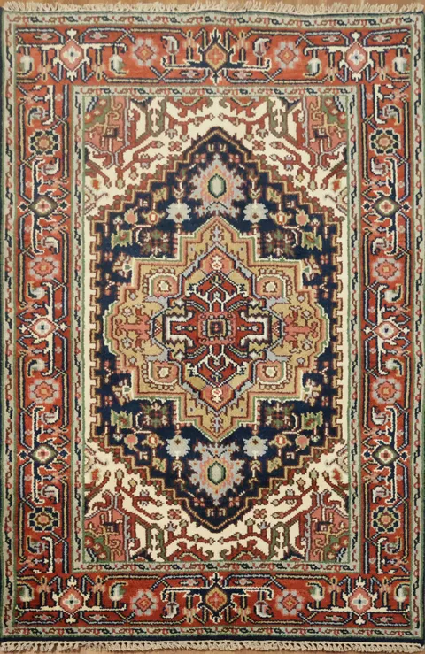 Geometric Navy Blue and Red Heriz Serapi Oriental Rug 4x6