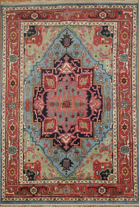 Traditional Light Blue and Pink Hand-Knotted Wool Rug 6'x9'