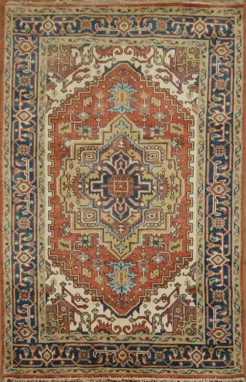 Luxurious Persian design Heriz Serapi Rust and Navy Blue Rug 5'x8'