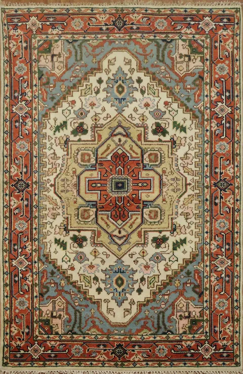 Heriz Serapi Ivory and Blue Hand-Knotted Wool Area Rug 5x8