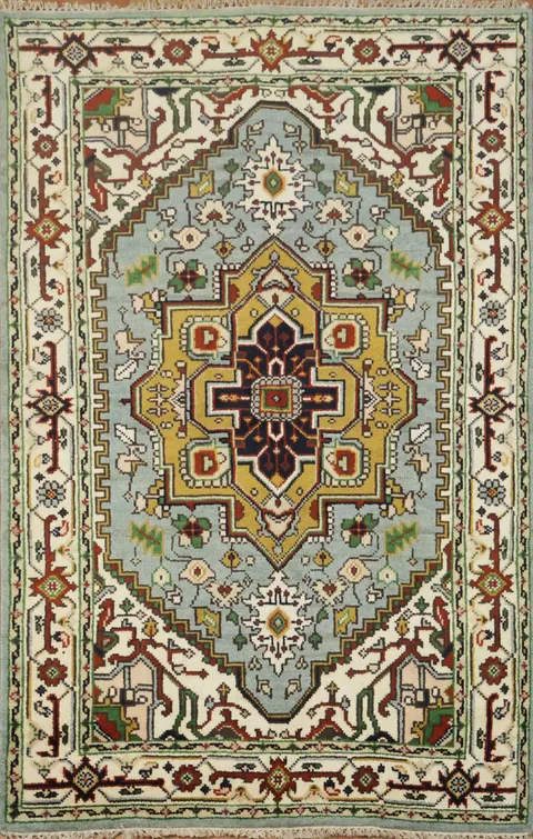 Traditional Geometric Light Blue and Green Heriz Serapi Indian Rug 5'x8'