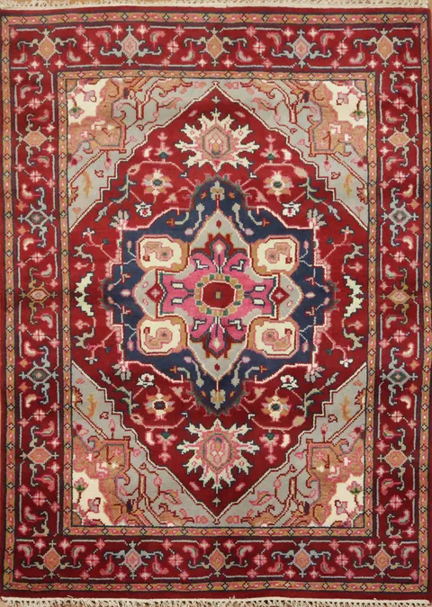Bold Red and Navy Heriz Serapi Wool Area Rug 5x7