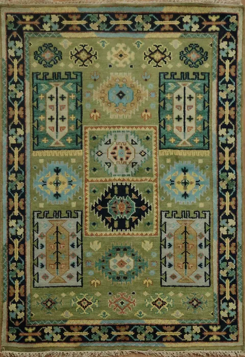 Exquisite Green and Blue Aztec-Inspired Wool Rug 4x6