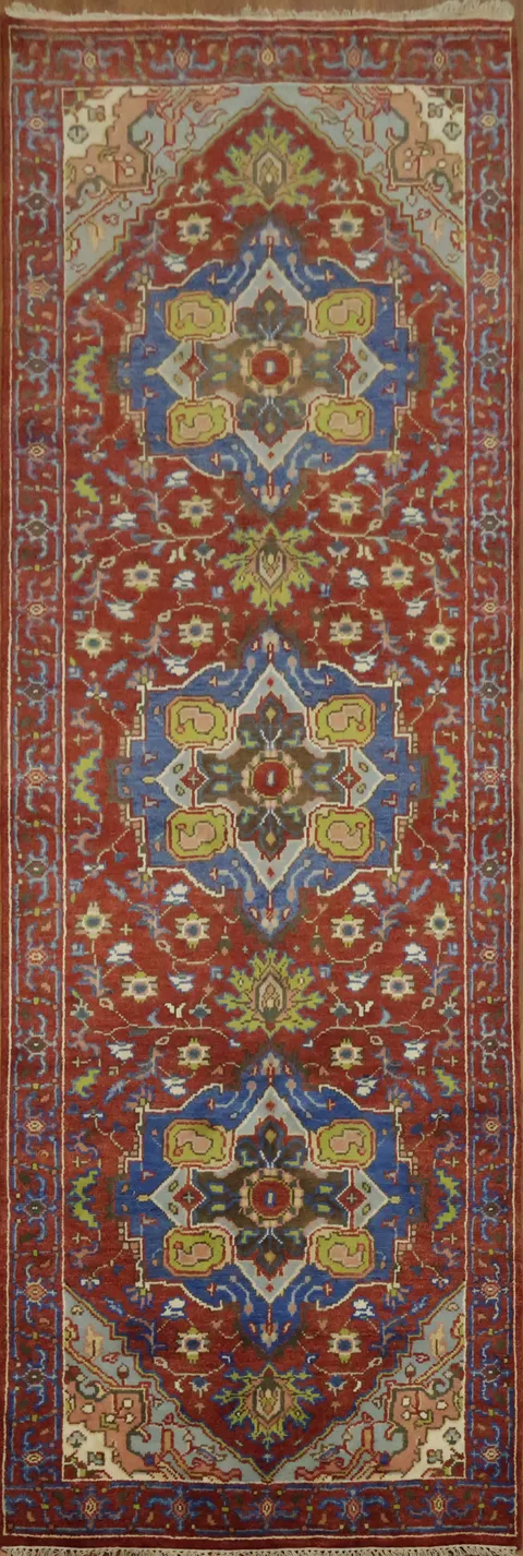 Traditional Red and Blue Heriz Serapi Long Runner Rug 4'x12'