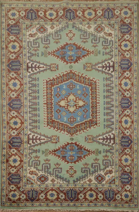 Traditional tribal Mint Green Viss Rug with Detailed Blue Centerpiece 6'x9'