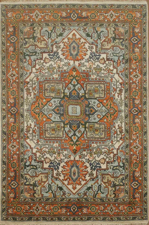 Exquisite Traditional Orange and Blue Heriz Serapi Area Rug 6'x9'