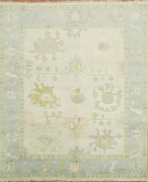 Pale Green Oushak Hand-Knotted Wool Rug Featuring Earthy Pastel Colors 8x10