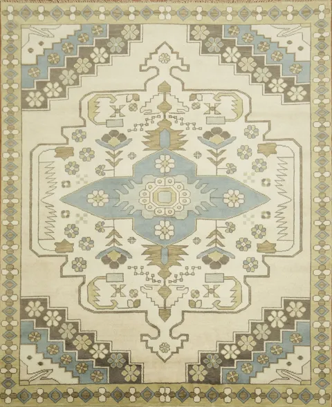 Traditional Beige and Blue Oushak Hand Made Area Rug 8x10