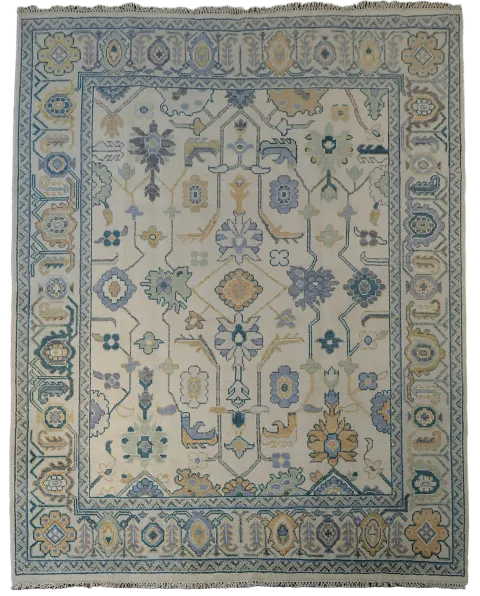 Artisan Blue and Beige Rug with Delicate Botanical Patterns 8'x10'