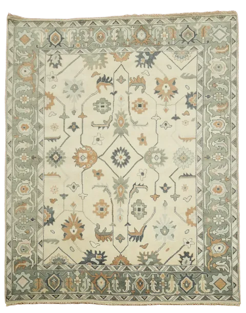 Traditional Ivory and Green Oushak Hand Made Area Rug 9x12
