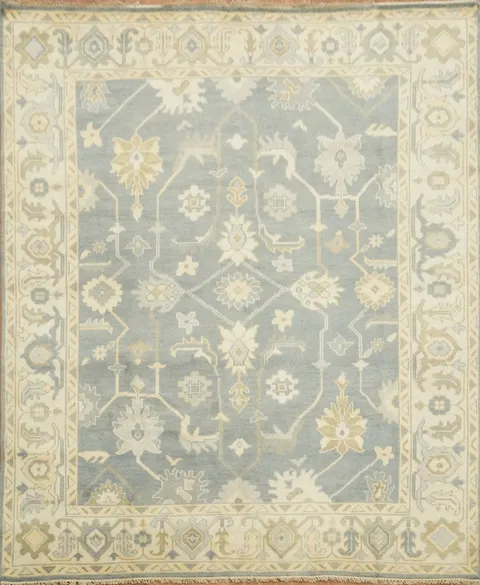 Charming Oushak Wool Area Rug in Soft Hues of Blue and Ivory 8'x10'