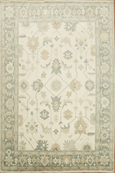 Ivory and Green Traditional Oushak Hand Made Large Rug 12x18