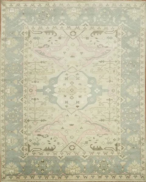 Soft Pastel Tones Green Large Oushak Wool Rug 12'x15'