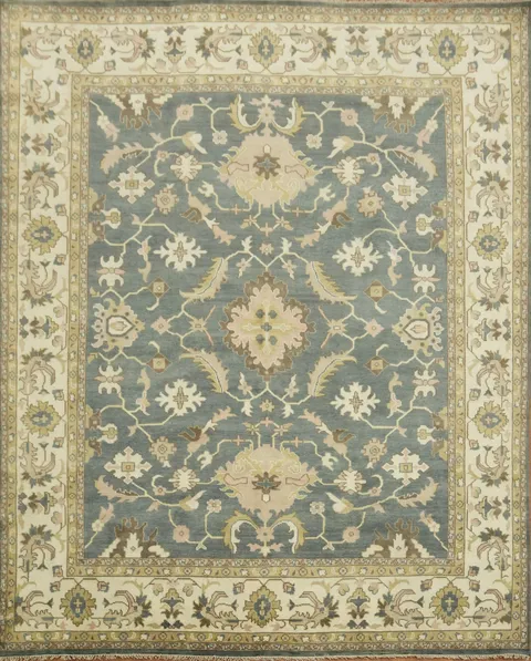 12'x15' Floral Motif Oushak Rug in Soft Blue and Cream Tones
