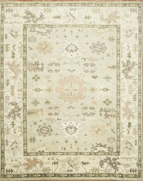 Beige and Olive Oushak Large Floral Patterned Wool Rug 12'x15'