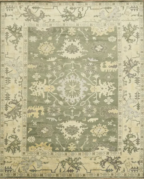 Botanical Inspired Green Rug Hand-Knotted Oushak Large Carpet 12'x15'