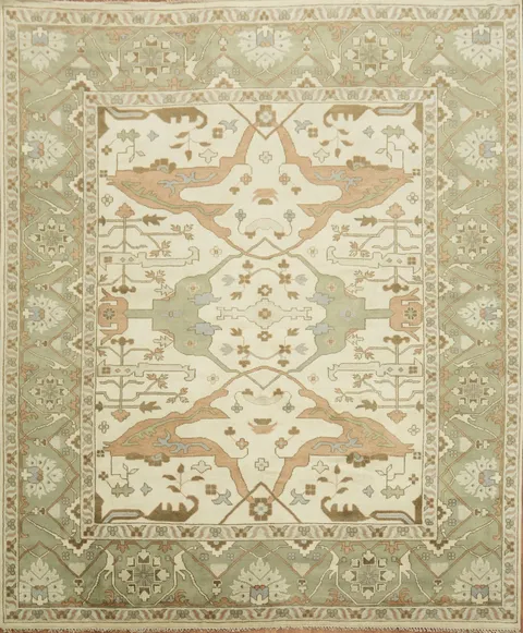 Oushak Textured Beige and Green Traditional Large Rug 12'x15'